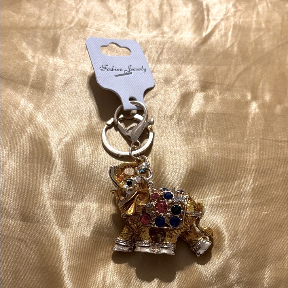 Gold Elephant Keychain with Colorful Gems NWT